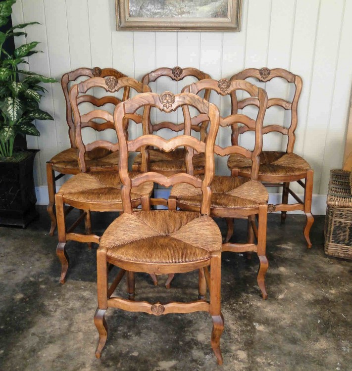 Antique French Dining Chairs Carved Oak Ladder Back Country Rush Seats